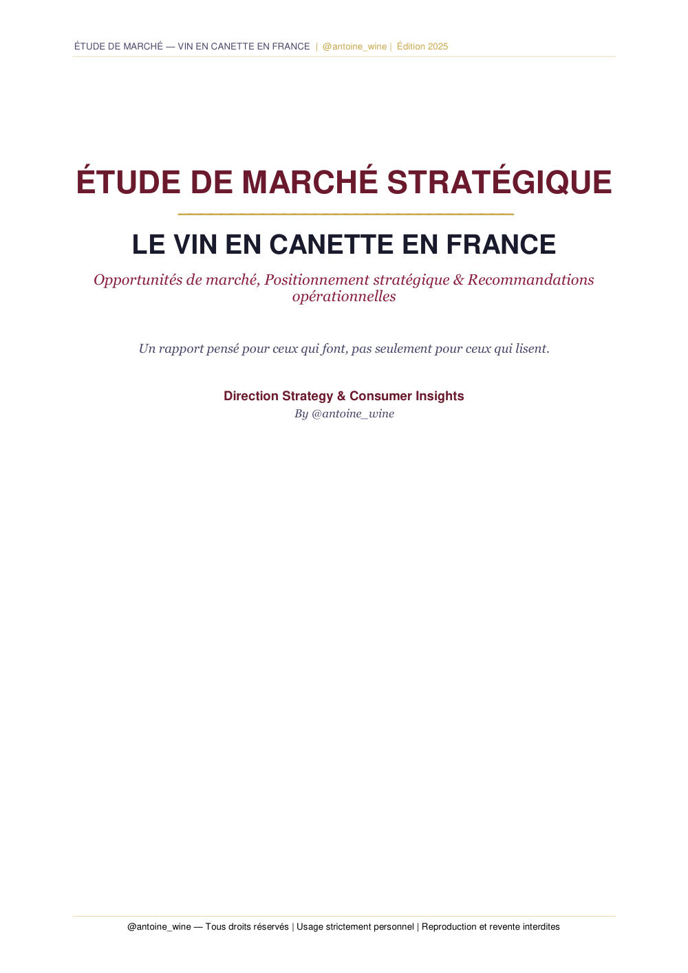 Page de titre de l’étude de marché stratégique sur le vin en canette en France.