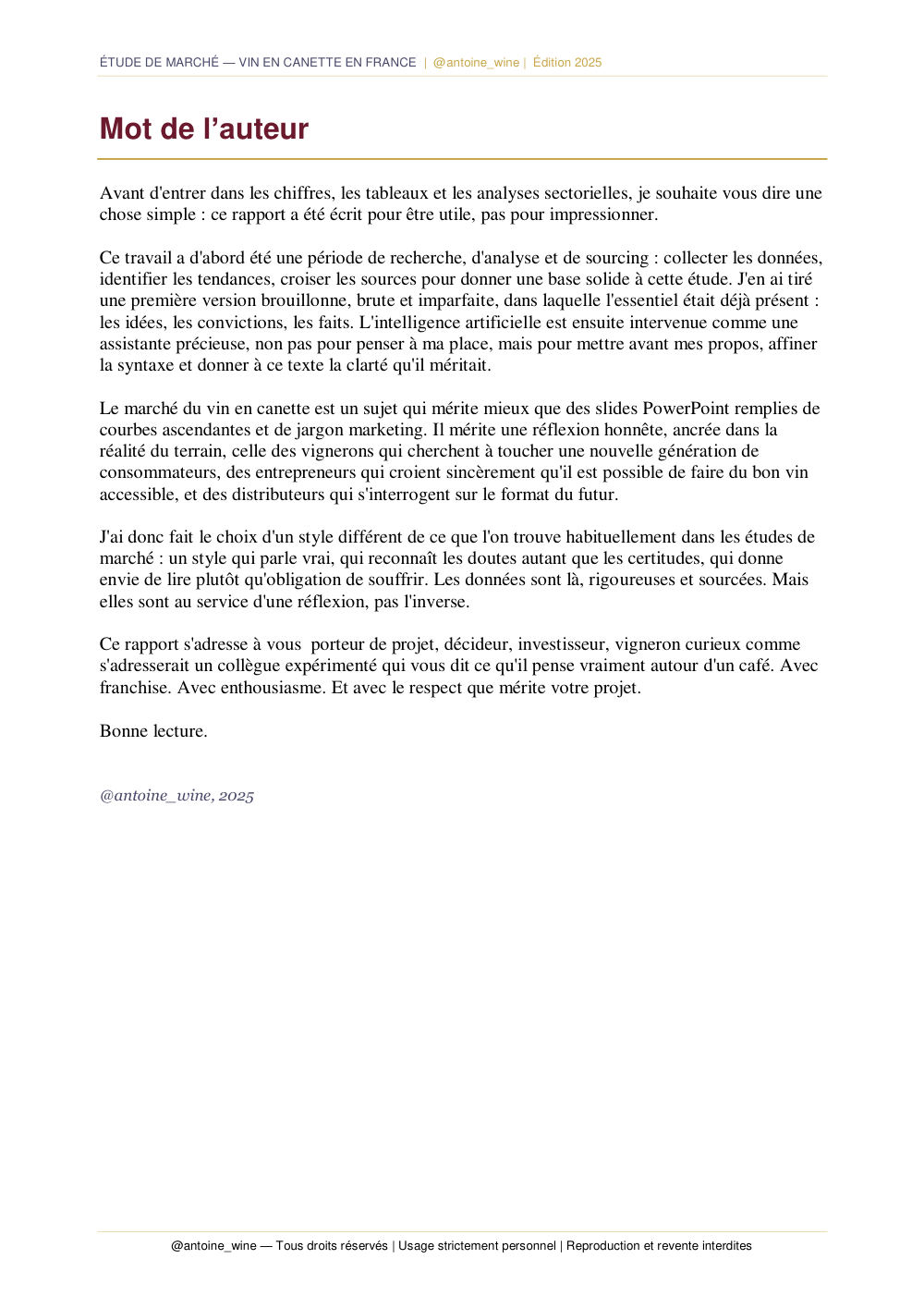 Mot de l’auteur expliquant la démarche de recherche et le parti pris du rapport.