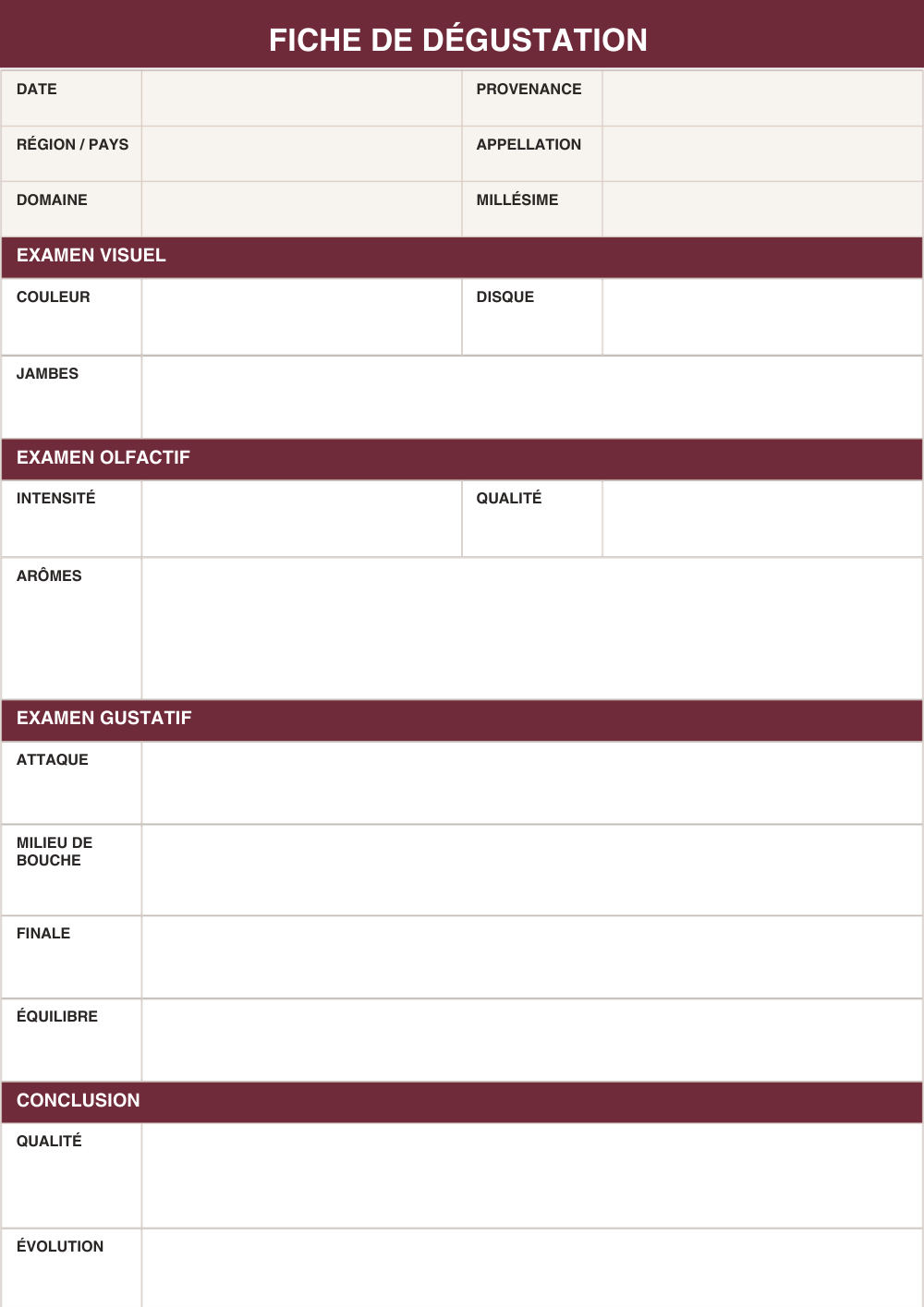 Fiche de dégustation vierge : bandeaux bordeaux Examen visuel, olfactif et gustatif séparant des cases à remplir.